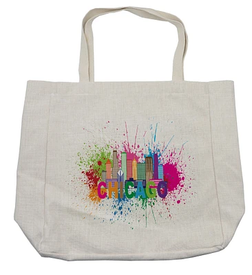 Ambesonne Chicago Skyline Shopping Bag, Splash of Colorful Paint Background with Text of Chicago and Cityscape, Eco-Friendly Reusable Bag for Groceries Beach and More, 15.5" X 14.5", Multicolor