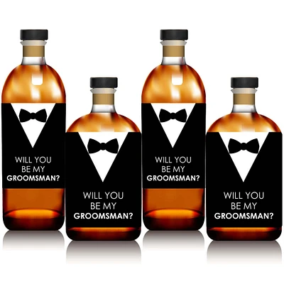 Big Dot of Happiness Suit Up - Will You Be My Groomsman Gift for Men - Whiskey or Wine Bottle Label Stickers - Set of 4