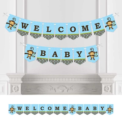 Big Dot of Happiness Blue Monkey Boy - Baby Shower Bunting Banner - Blue Party Decorations - Welcome Baby