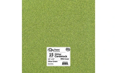 PA Paper Accents Glitter Cardstock 12" x 12" Olive Green, 85lb colored cardstock paper for card making, scrapbooking, printing, quilling and crafts, 15 piece pack