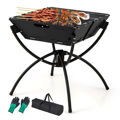 Costway 3-in-1 Portable Charcoal Grill Folding Camping Fire Pit with Carrying Bag & Gloves Black/Coffee