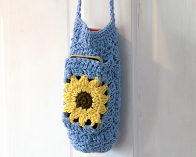 Cotton Sunflower Water Bottle Carrier with Phone Pocket and Strap, Water Bottle Holder