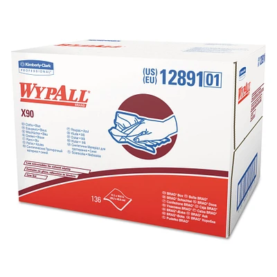 WypAll X90 Cloths, Brag Box, 11 1/10 x 16 4/5, Denim Blue, 136/Box, 1 Box/Carton