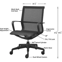 Lorell Executive Mesh Mid-back Chair, Black Nylon Seat, Black Nylon Back, Plastic Frame, 5-star Base, 26.3" x 26.3" Depth x 38.5" Height, 1 Each