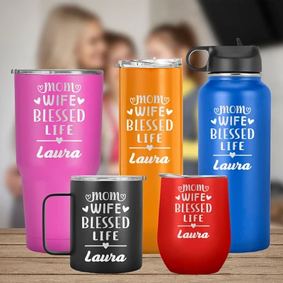 Mom Wife Blessed Life Laser Engraved Name Tumbler, Mother's Day, Bithday, Best Mom, Wife Gift