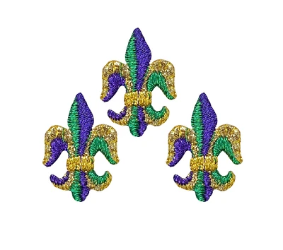 Set of 3, 1" Fleur de lis, Purple, Gold, Green, Embroidered, Iron on Patch