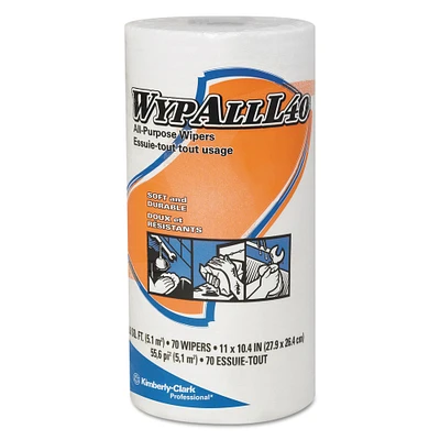 WypAll L40 Towels, Small Roll, 10 2/5 x 11, White, 70/Roll, 24 Rolls/Carton