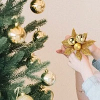 Set of 12: Sparkling Gold Glitter Poinsettia Picks with 3 Ornament Balls | Festive Accents | Christmas Picks | Party & Event | Home & Office Decor