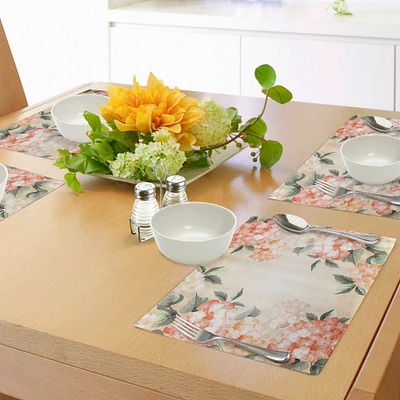 Ambesonne Floral Place Mats Set of 4, Blooming Hydrangea Flowers Leaves Bouquet Vintage Style Spring Nature Print, Washable Fabric Placemats for Dining Table, Standard Size, Reseda Green Salmon