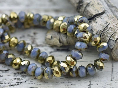 *30* 3x5mm Gold Etched Cornflower Opaline Picasso Fire Polished Rondelle Beads