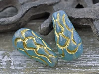 *2* 25x12mm Gold Washed Blue Aqua Opal Mermaid Scale Large Drop Beads