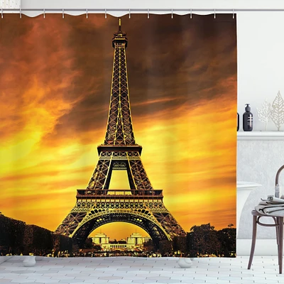 Ambesonne Eiffel Tower Shower Curtain, Paris Love City Monument in Dramatic Sunrise Picture of French Landmark, Cloth Fabric Bathroom Decor Set with Hooks, 69" W x 84" L, Yellow Brown
