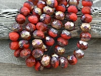 *25* 6x8mm Copper Washed Etched Coral Red Fire Polished Rondelle Beads