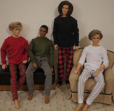 Pants and shirts for cozying up by fire for Ken and similar sized dolls.