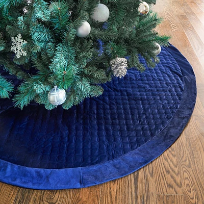 Star Quilted Velvet Christmas Tree Skirt, Navy Blue - 60"