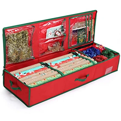 MaidMAX Christmas Wrapping Paper Storage Bag, 42 inch Gift Wrap Organizer Underbed Storage Box Container 600d Oxford Fabric Wrapping Paper Holder for Storing Rolls, Ribbons, Bows 42L x 14W x 5.5H