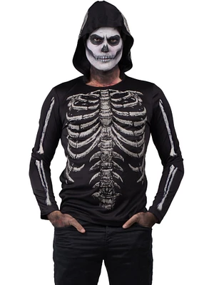 Adult's Mens Undead Bare Bones Skeleton Black Hooded Shirt Costume