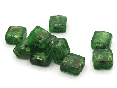 10 12mm Green with Multi-Color Center Square Lampwork Glass Beads