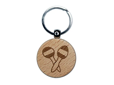 Maracas Music Instrument Engraved Wood Round Keychain Tag Charm