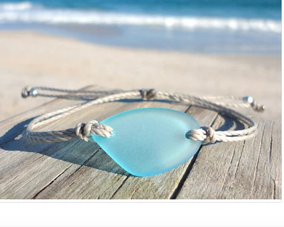 Blue Sea Glass Bracelet, Handmade Beach Glass Bracelet, Adjustable Waterproof Bracelet, Blue Sea Glass Piece, Best Friend Bracelet Gift