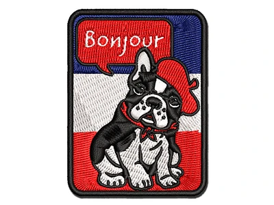 Bonjour French Bulldog with Beret and Bandana Multi-Color Embroidered Iron-On Patch Applique