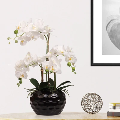 20" Artificial White Phalaenopsis Orchid Arrangement in Black Ceramic Dimple Vase