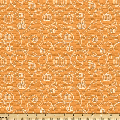 Ambesonne Harvest Fabric by The Yard, Pattern with Pumpkin Leaves and Swirls on Orange Backdrop Halloween Inspired, Decorative Fabric for Upholstery and Home Accents, 1 Yard, Orange White