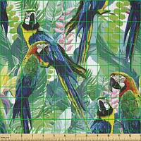 Ambesonne Birds Fabric by The Yard, Portrayal Illustration of Scarlet Macaw Parrots Among Exotic Plants in The Jungle, Decorative Satin Fabric for Home Textiles and Crafts, Green Blue