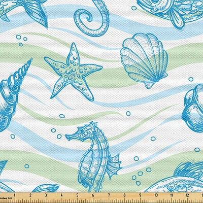 Ambesonne Nautical Fabric by The Yard, Marine Ocean Shell Starfish Oyster Mollusk Sea Horse Underwater Aquatic Pattern, Decorative Fabric for Upholstery and Home Accents, Yards