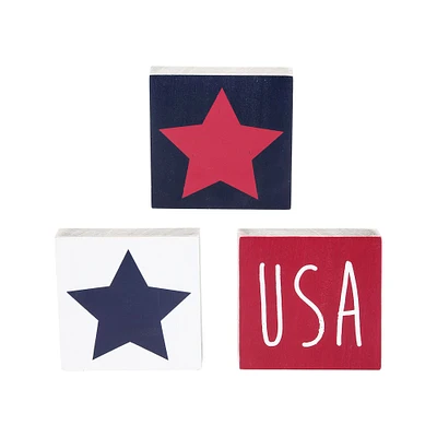 Americana July 4th USA Red White and Blue Squares Sitter, Set of 3