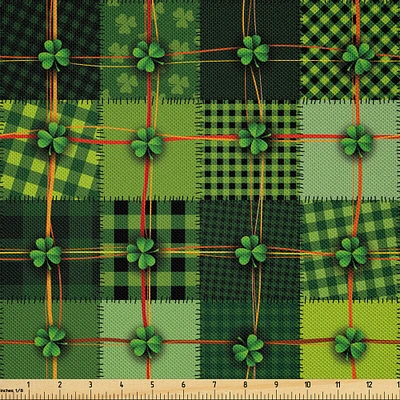 Ambesonne Irish Fabric by The Yard, Patchwork Style St. Patrick's Day Themed Celtic Quilt Cultural Checkered Clovers, Decorative Satin Fabric for Home Textiles and Crafts, 5 Yards, Green Orange
