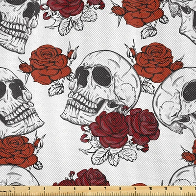 Ambesonne Skull Fabric by The Yard, Retro Gothic Dead Head Skeleton with Roses Halloween Theme Spooky Trippy Romantic, Decorative Satin Fabric for Home Textiles and Crafts, 10 Yards, Grey