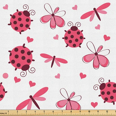 Ambesonne Ladybugs Fabric by The Yard, Domed Back Round Ladybugs with Hearts Flowers Dragonflies Romantic Wings Pattern, Decorative Fabric for Upholstery and Home Accents, 2 Yards, White Red