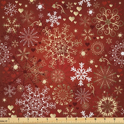 Ambesonne Christmas Fabric by The Yard, Ornate Snowflakes with Floral Swirls and Vivid Hearts Pattern, Decorative Satin Fabric for Home Textiles and Crafts, 10 Yards, Red Yellow and White