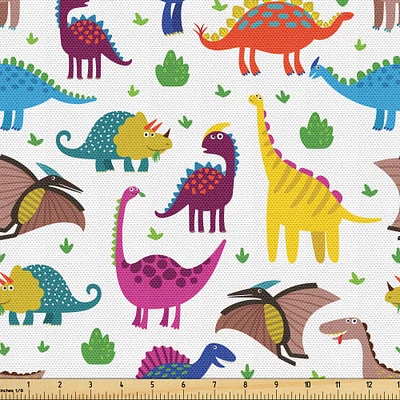 Ambesonne Cartoon Fabric by The Yard, Funny Dinosaurs and Dragons Colorful Jurassic Reptiles Pattern, Decorative Fabric for Upholstery and Home Accents, 1 Yard, Magenta Yellow