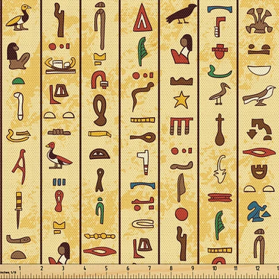 Ambesonne Egyptian Print Fabric by The Yard, Colorful Hieroglyphics on Papyrus Old Paper Style Background Cairo Culture, Decorative Fabric for Upholstery and Home Accents, 10 Yards, Beige