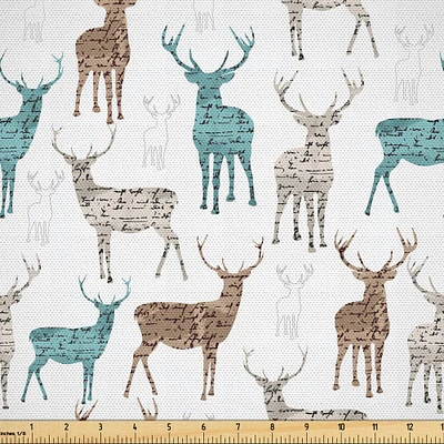 Ambesonne Deer Fabric by The Yard, Animals with Old Text Pattern Christmas Theme Vintage Inspired Illustration, Decorative Fabric for Upholstery and Home Accents, 3 Yards, Turquoise Beige