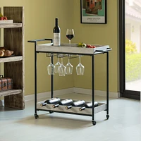 Metal Wine Bar Serving Cart with Rolling Wheels, Wine Rack, and Glass Holder