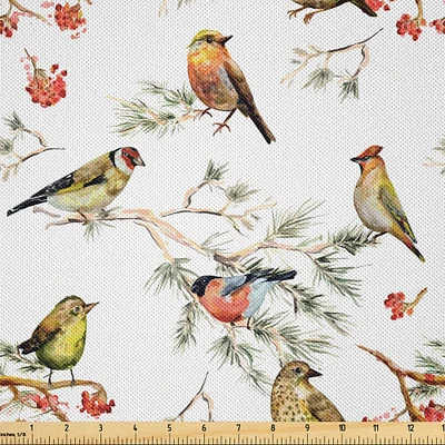 Ambesonne Animal Fabric by The Yard, Sparrows Birds Leaves Branches Pine Trees Watercolor Image Artwork, Decorative Satin Fabric for Home Textiles and Crafts, 5 Yards, Multicolor