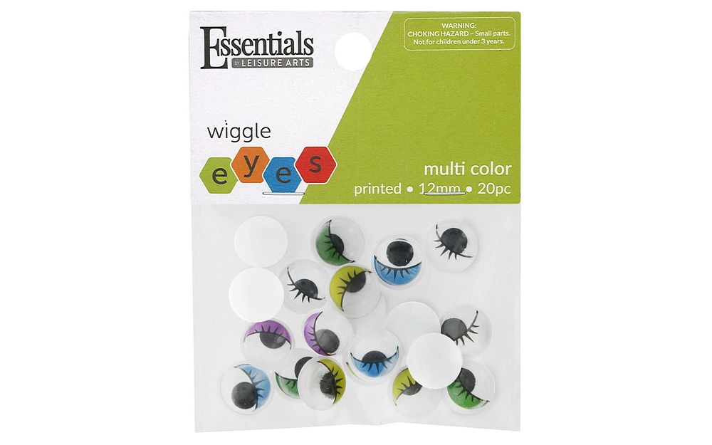 Essentials by Leisure Arts Eyes Printed Moveable 12mm with Eyelashes 20pc Googly Eyes, Google Eyes for Crafts, Big Googly Eyes for Crafts, Wiggle Eyes, Craft Eyes