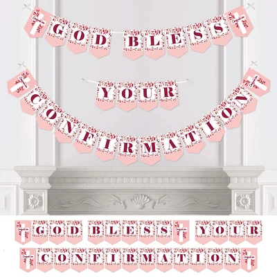 Big Dot of Happiness Confirmation Pink Elegant Cross - Girl Religious Party Bunting Banner - Party Decorations - God Bless Your Confirmation