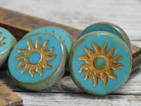 21mm Gold Washed Opaque Turquoise Picasso Table Cut Sun Design Coin Beads