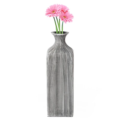 Contemporary Decorative Square Table Flower Vase with Gray Striped Design