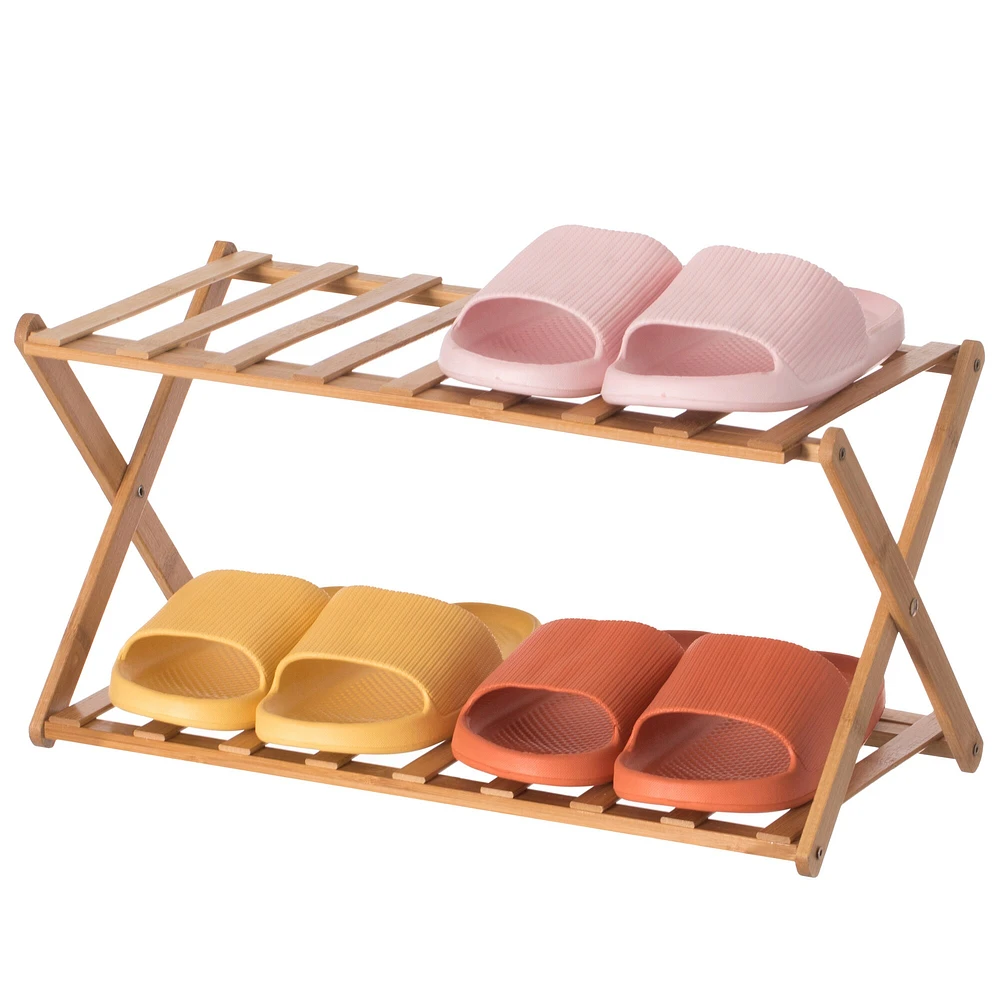 Bamboo Foldable Shoe Rack, Free Standing Shoe Organizer Storage Rack