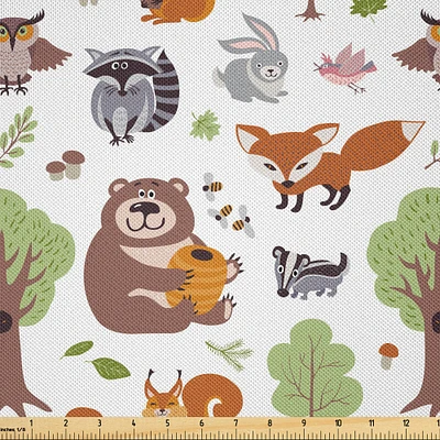 Ambesonne Forest Fabric by The Yard, Doodle Woodland Creatures as Honey Bear Rabbit Fox and Raccoon in Nature Habitat, Decorative Satin Fabric for Home Textiles and Crafts, 2 Yards, Multicolor
