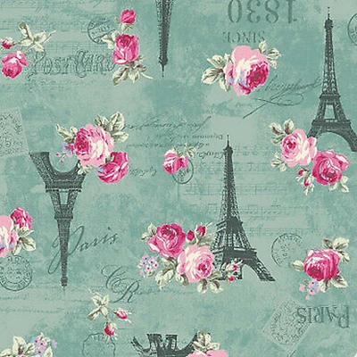 Rose Bouquet Eiffel Tower Roses on Green Cotton Fabric by Quilt Gate BTY