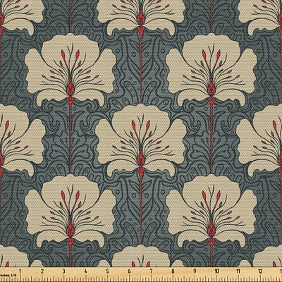 Ambesonne Floral Fabric by The Yard, Art Nouveau Style Romantic Poppy Flowers and Ornate Nature Design, Decorative Fabric for Upholstery and Home Accents, 1 Yard, Vermilion Grey