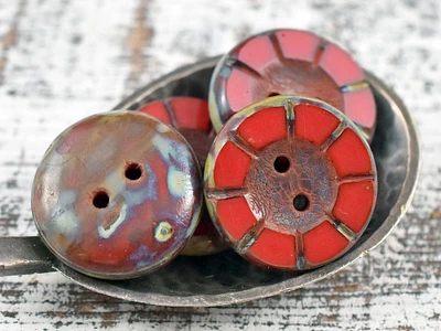 *4* 14mm Opaque Red Picasso Czech Glass Button Beads -- Czech Glass Buttons
