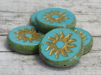 21mm Gold Washed Opaque Turquoise Picasso Table Cut Sun Design Coin Beads