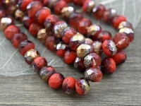 *25* 6x8mm Copper Washed Etched Coral Red Fire Polished Rondelle Beads